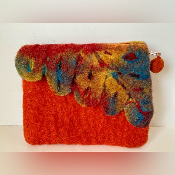 Zip Pouch Felted Boiled 100%Wool Clutch Bag Cosmetic Handmade Orange Leaf Motif - Picture 2 of 9